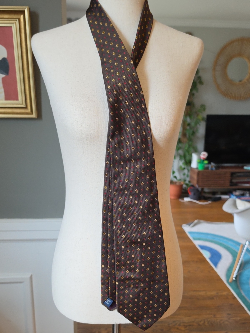 Ralph Lauren Brown Silk Tie with Gold Diamond Motifs and Red Accents